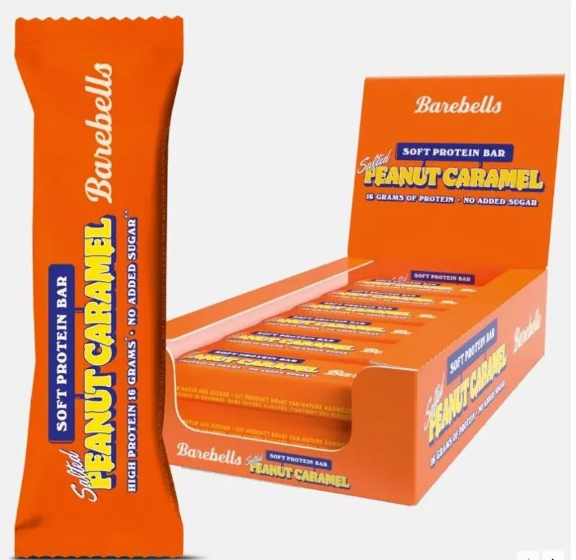 BAREBELLS - Barre protéinée (protéines : 16 g) - Enrobage Chocolat au lait, saveur Cacahuètes salées / Caramel - (Soft Protein Bar Peanut Caramel) - Boîte de 6 barres de 55g