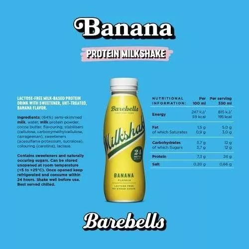 BAREBELLS - Milkshake Protéiné  - Sans lactose - Boîte de 8 bouteilles de 330 ml - Nutri-score A
