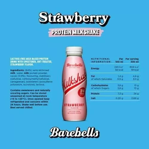 BAREBELLS - Milkshake Protéiné  - Sans lactose - Boîte de 8 bouteilles de 330 ml - Nutri-score A