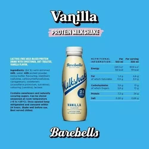 BAREBELLS - Milkshake Protéiné  - Sans lactose - Boîte de 8 bouteilles de 330 ml - Nutri-score A