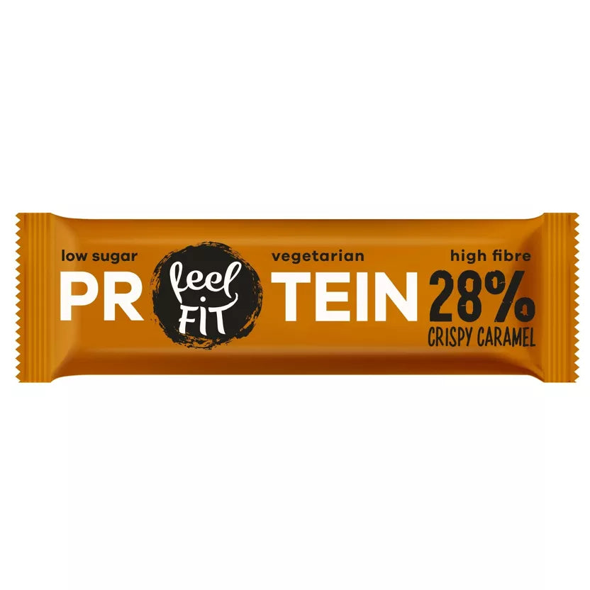 Barre protéinée Feel FIT Caramel 28 % - En-cas protéiné, faible en sucre, riche en fibres, végétarien, 40 g - Paquet de 32 (8 x 40 g)