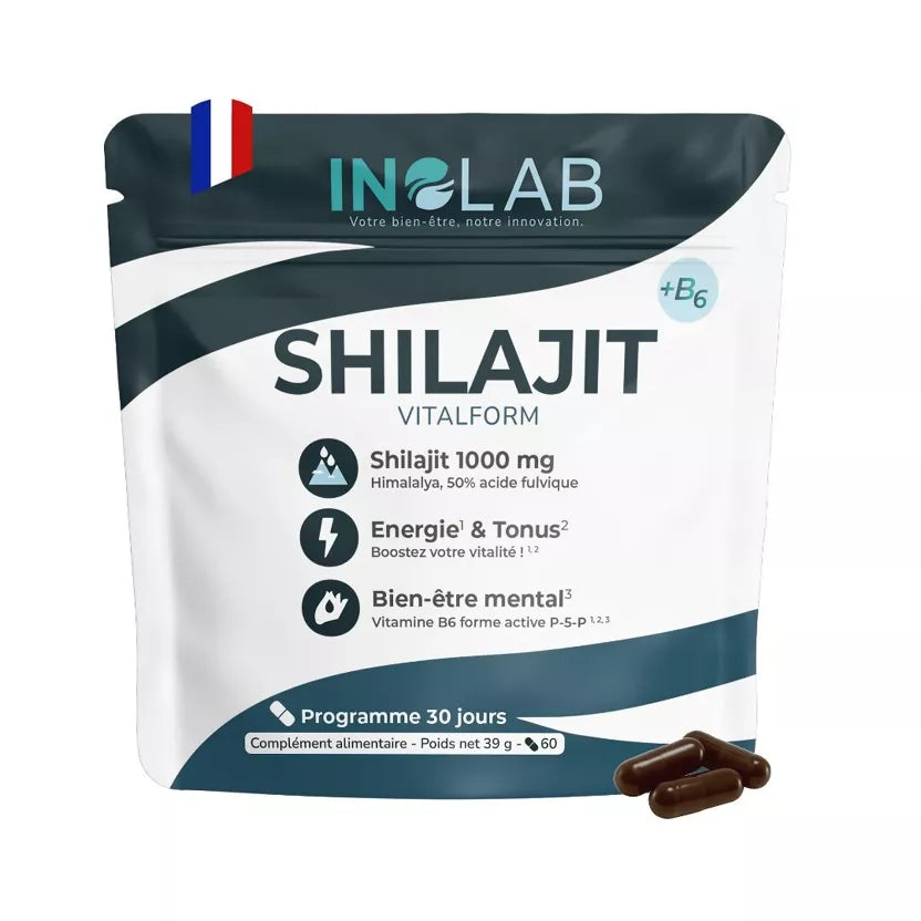 Shilajit Himalaya 1000 mg – 50% Acide Fulvique – Énergie, Vitalité & Tonus Naturel – Complément Alimentaire Minéraux & Vitamine B6 – Gélules Végan – Fabriqué en France