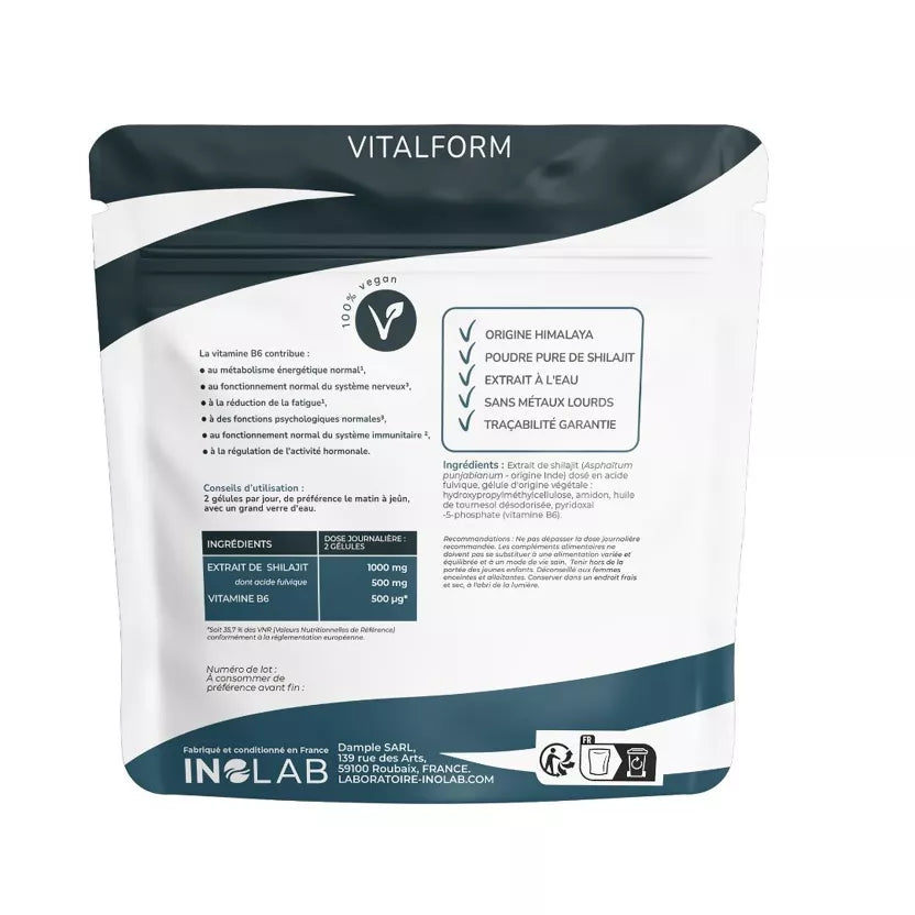 Shilajit Himalaya 1000 mg – 50% Acide Fulvique – Énergie, Vitalité & Tonus Naturel – Complément Alimentaire Minéraux & Vitamine B6 – Gélules Végan – Fabriqué en France