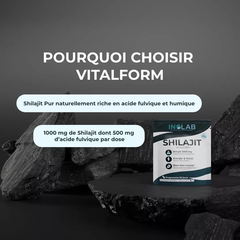 Shilajit Himalaya 1000 mg – 50% Acide Fulvique – Énergie, Vitalité & Tonus Naturel – Complément Alimentaire Minéraux & Vitamine B6 – Gélules Végan – Fabriqué en France