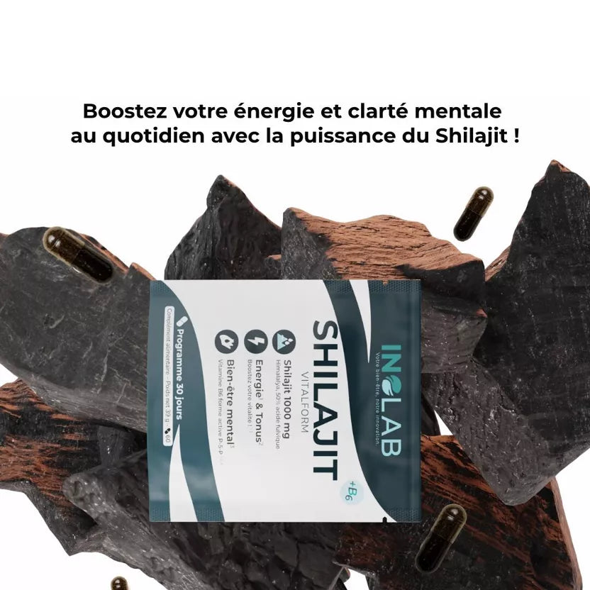 Shilajit Himalaya 1000 mg – 50% Acide Fulvique – Énergie, Vitalité & Tonus Naturel – Complément Alimentaire Minéraux & Vitamine B6 – Gélules Végan – Fabriqué en France
